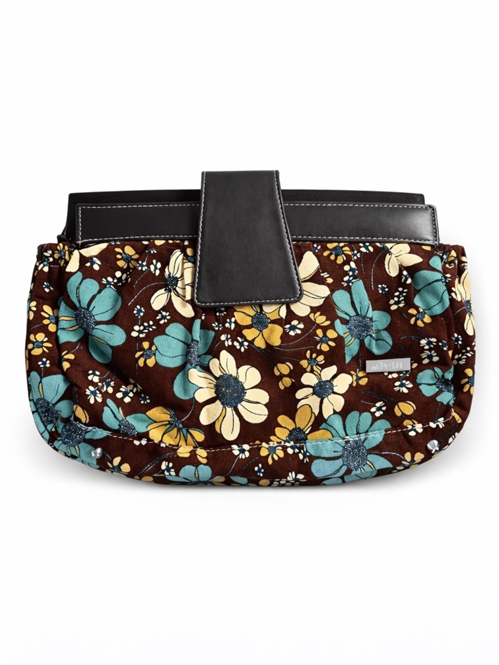 Miche Brown Floral Clutch with Teal & Yellow Flowers